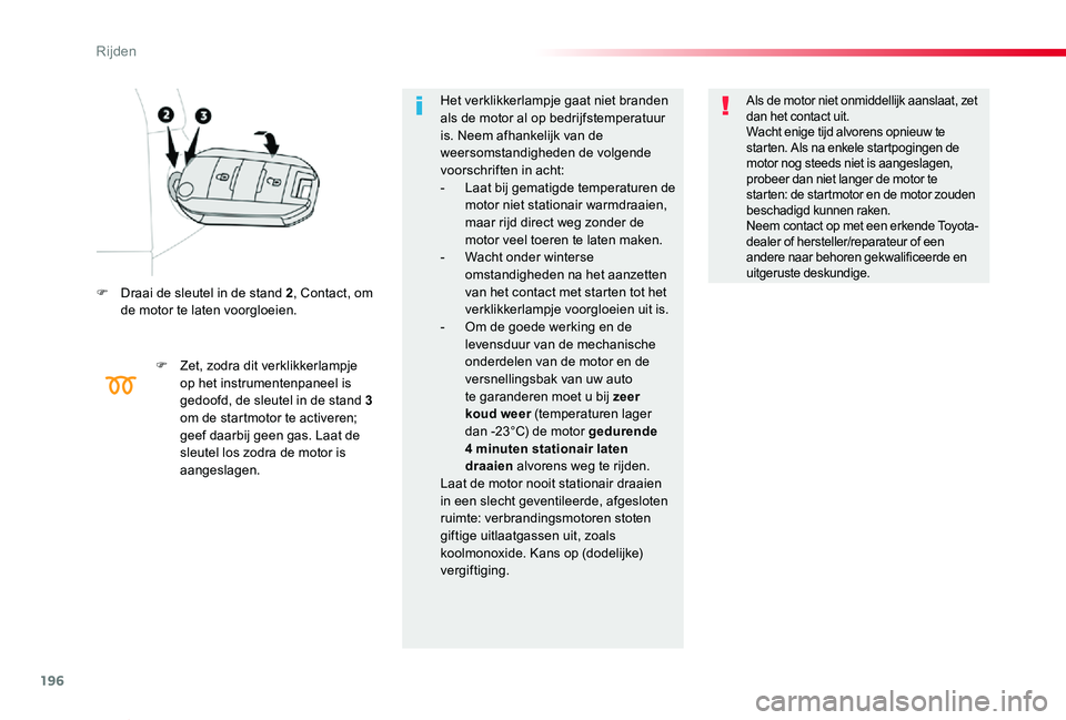 TOYOTA PROACE VERSO 2019  Instructieboekje (in Dutch) 196
ProaceVerso_nl_Chap06_conduite_ed01-2019
F Draai de sleutel in de stand 2, Contact, om de motor te laten voorgloeien.
F Zet, zodra dit verklikkerlampje op het instrumentenpaneel is gedoofd, de sle