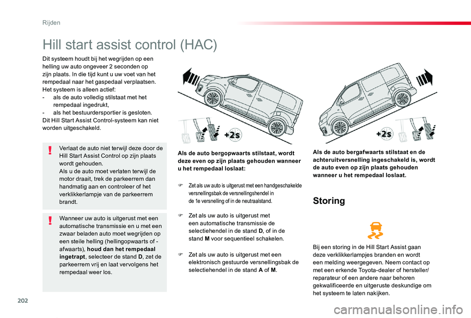 TOYOTA PROACE VERSO 2019 Instructieboekje (in Dutch) 202
ProaceVerso_nl_Chap06_conduite_ed01-2019
Hill start assist control (HAC)
Dit systeem houdt bij het wegrijden op een helling uw auto ongeveer 2 seconden op zijn plaats. In die tijd kunt u uw voet v TOYOTA PROACE VERSO 2019 Instructieboekje (in Dutch) 202
ProaceVerso_nl_Chap06_conduite_ed01-2019
Hill start assist control (HAC)
Dit systeem houdt bij het wegrijden op een helling uw auto ongeveer 2 seconden op zijn plaats. In die tijd kunt u uw voet v