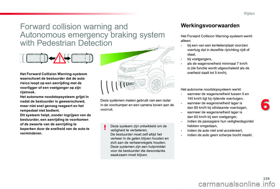TOYOTA PROACE VERSO 2019  Instructieboekje (in Dutch) 239
ProaceVerso_nl_Chap06_conduite_ed01-2019
Forward collision warning and 
Autonomous emergency braking system 
with Pedestrian Detection
Werkingsvoorwaarden
Het autonome noodstopsysteem werkt:- wann