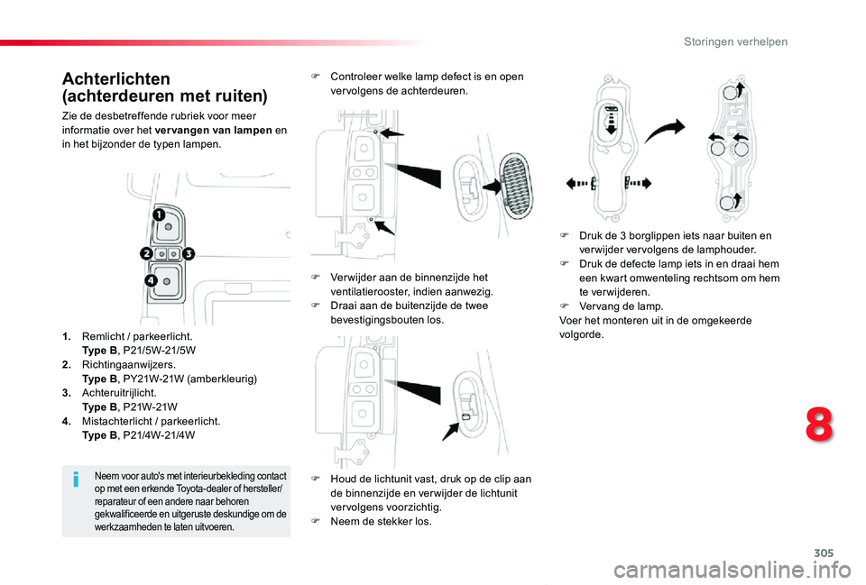 TOYOTA PROACE VERSO 2019  Instructieboekje (in Dutch) 305
ProaceVerso_nl_Chap08_En-cas-de-panne_ed01-2019
Achterlichten  
(achterdeuren met ruiten)
Zie de desbetreffende rubriek voor meer informatie over het vervangen van lampen en in het bijzonder de ty