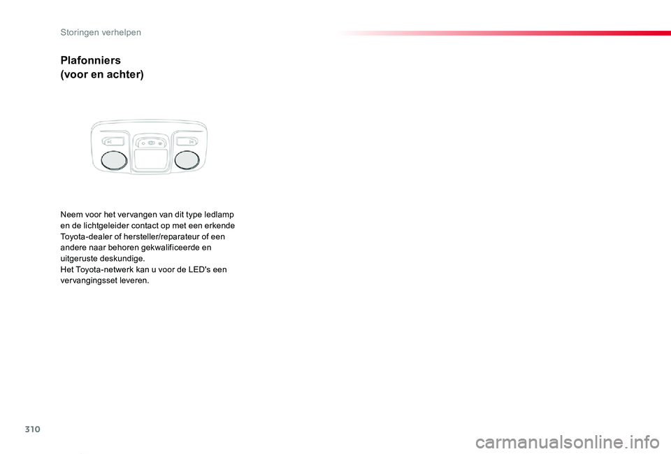 TOYOTA PROACE VERSO 2019 Instructieboekje (in Dutch) 310
ProaceVerso_nl_Chap08_En-cas-de-panne_ed01-2019
Plafonniers
(voor en achter)
Neem voor het ver vangen van dit type ledlamp en de lichtgeleider contact op met een erkende Toyota-dealer of herstelle TOYOTA PROACE VERSO 2019 Instructieboekje (in Dutch) 310
ProaceVerso_nl_Chap08_En-cas-de-panne_ed01-2019
Plafonniers
(voor en achter)
Neem voor het ver vangen van dit type ledlamp en de lichtgeleider contact op met een erkende Toyota-dealer of herstelle