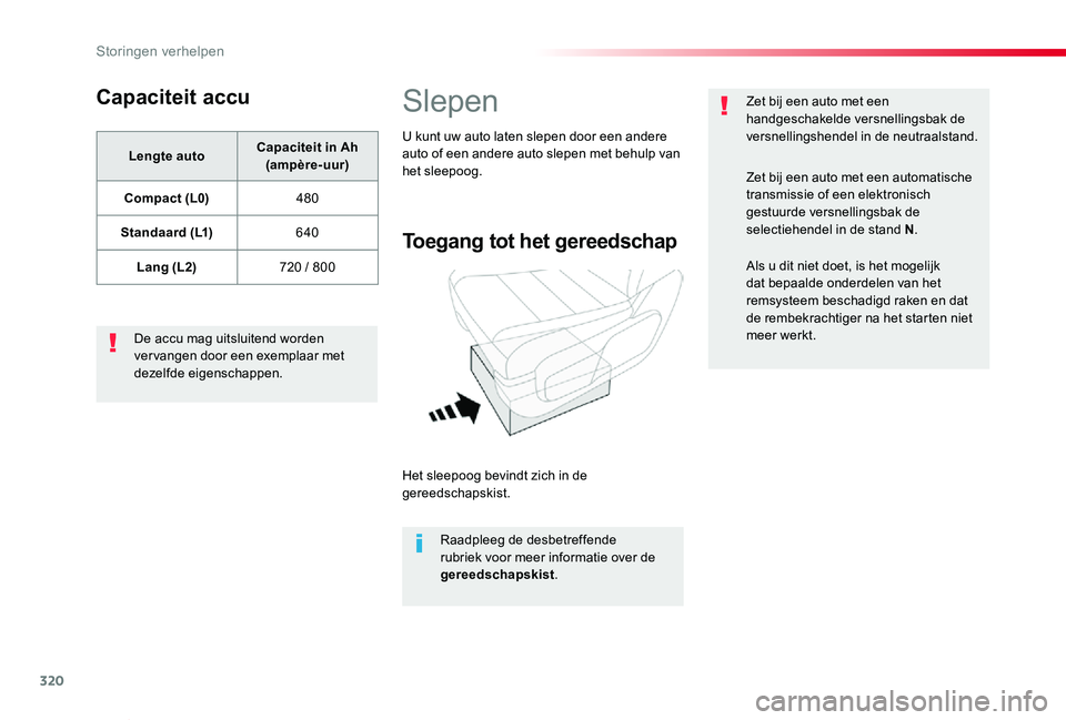 TOYOTA PROACE VERSO 2019  Instructieboekje (in Dutch) 320
ProaceVerso_nl_Chap08_En-cas-de-panne_ed01-2019
Capaciteit accu
Lengte autoCapaciteit in Ah (ampère-uur)
Compact (L0)480
Standaard (L1)640
Lang (L2)720 / 800
De accu mag uitsluitend worden ver va