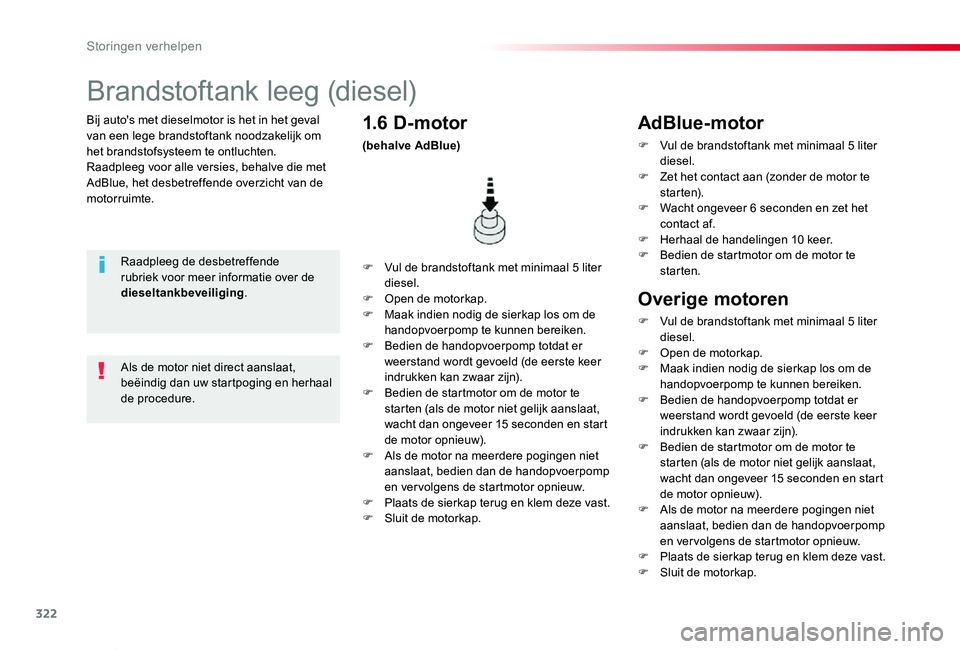 TOYOTA PROACE VERSO 2019  Instructieboekje (in Dutch) 322
ProaceVerso_nl_Chap08_En-cas-de-panne_ed01-2019
Bij auto's met dieselmotor is het in het geval van een lege brandstoftank noodzakelijk om het brandstofsysteem te ontluchten.Raadpleeg voor alle
