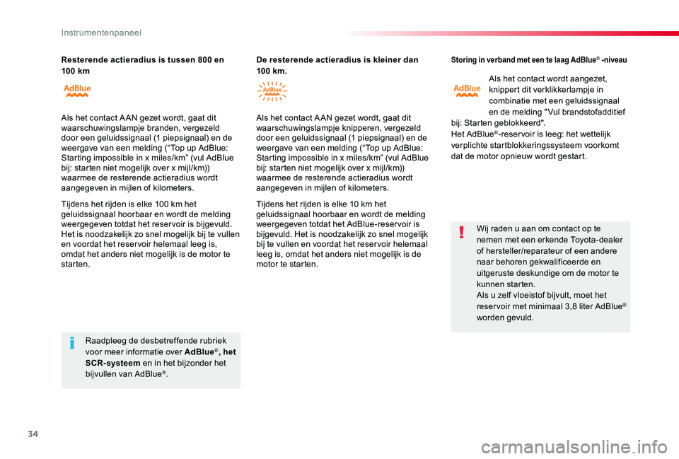 TOYOTA PROACE VERSO 2019 Instructieboekje (in Dutch) 34
ProaceVerso_nl_Chap01_instruments-de-bord_ed01-2019
Storing in verband met een te laag AdBlue® -niveau
Als het contact wordt aangezet, knippert dit verklikkerlampje in combinatie met een geluidssi TOYOTA PROACE VERSO 2019 Instructieboekje (in Dutch) 34
ProaceVerso_nl_Chap01_instruments-de-bord_ed01-2019
Storing in verband met een te laag AdBlue® -niveau
Als het contact wordt aangezet, knippert dit verklikkerlampje in combinatie met een geluidssi