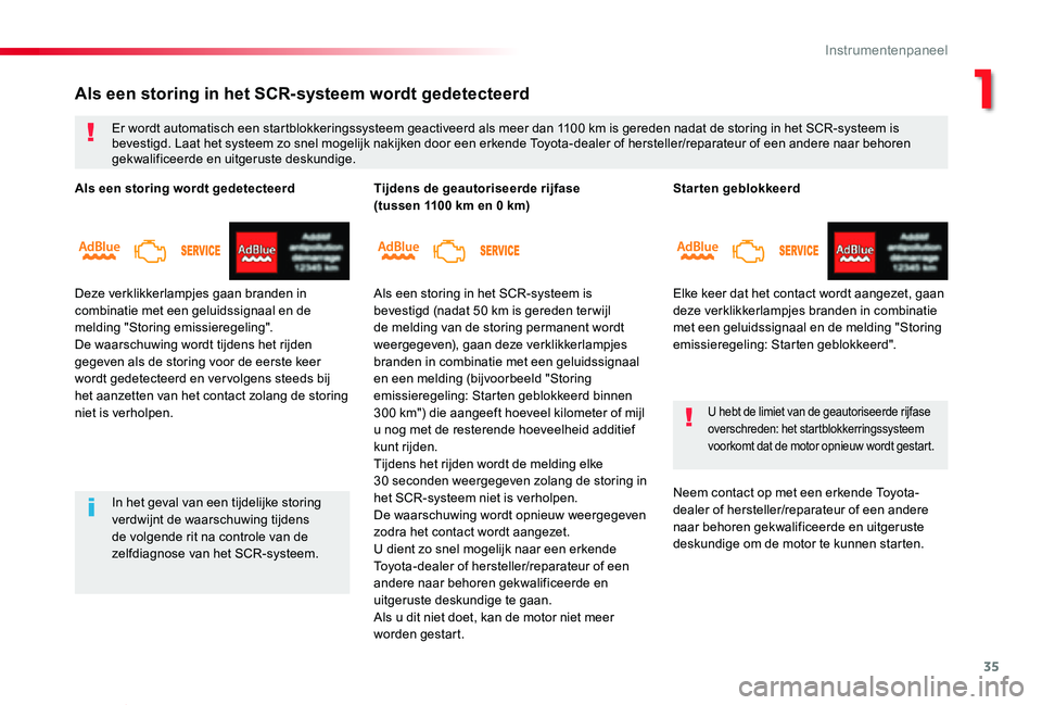 TOYOTA PROACE VERSO 2019 Instructieboekje (in Dutch) 35
ProaceVerso_nl_Chap01_instruments-de-bord_ed01-2019
Starten geblokkeerd
Elke keer dat het contact wordt aangezet, gaan deze verklikkerlampjes branden in combinatie met een geluidssignaal en de meld TOYOTA PROACE VERSO 2019 Instructieboekje (in Dutch) 35
ProaceVerso_nl_Chap01_instruments-de-bord_ed01-2019
Starten geblokkeerd
Elke keer dat het contact wordt aangezet, gaan deze verklikkerlampjes branden in combinatie met een geluidssignaal en de meld
