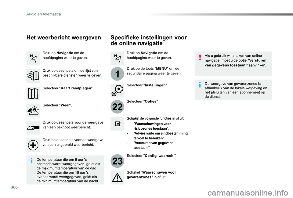 TOYOTA PROACE VERSO 2019  Instructieboekje (in Dutch) 366
22
23
1
ProaceVerso_nl_Chap10b_NAC-1_ed01-2019
Specifieke instellingen voor 
de online navigatie
Als u gebruik wilt maken van online navigatie, moet u de optie "Versturen van gegevens toestaan