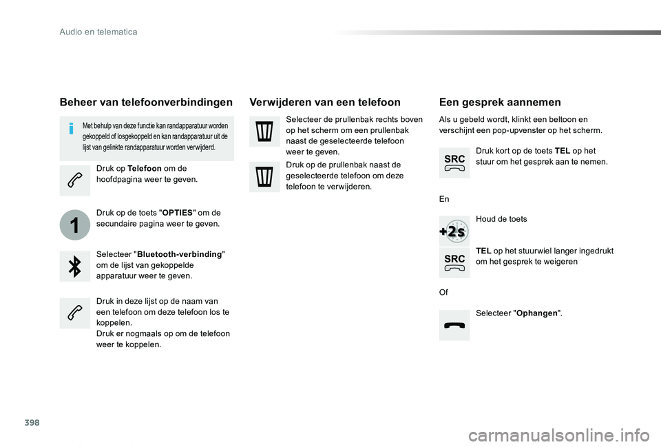 TOYOTA PROACE VERSO 2019  Instructieboekje (in Dutch) 398
1
ProaceVerso_nl_Chap10b_NAC-1_ed01-2019
Een gesprek aannemen
Als u gebeld wordt, klinkt een beltoon en verschijnt een pop-upvenster op het scherm.
Druk kort op de toets TEL op het stuur om het ge