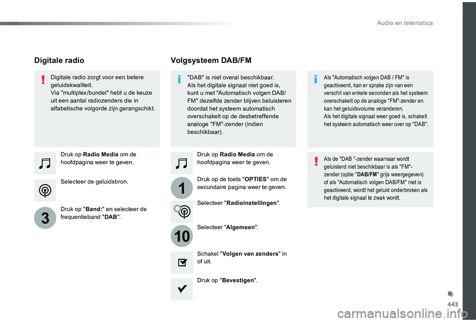TOYOTA PROACE VERSO 2019  Instructieboekje (in Dutch) 443
1
10
3
ProaceVerso_nl_Chap10c_RCC-1_ed01-2019
Selecteer de geluidsbron.
Druk op Radio Media om de hoofdpagina weer te geven.
Druk op "Band:" en selecteer de frequentieband "DAB".
D