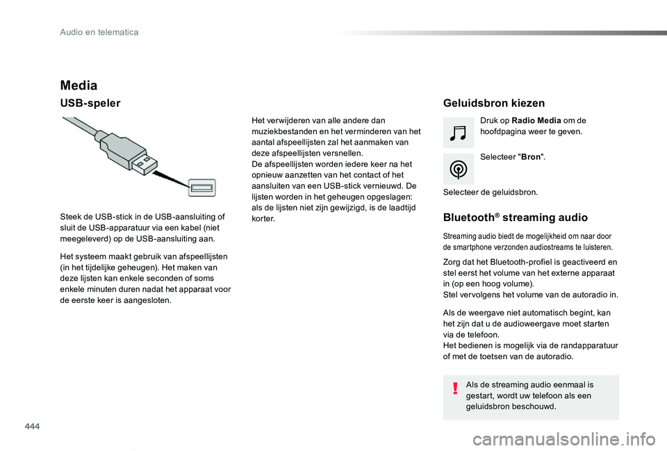 TOYOTA PROACE VERSO 2019  Instructieboekje (in Dutch) 444
ProaceVerso_nl_Chap10c_RCC-1_ed01-2019
Media
USB-spelerGeluidsbron kiezen
Selecteer "Bron".
Druk op Radio Media om de hoofdpagina weer te geven.
Het systeem maakt gebruik van afspeellijste