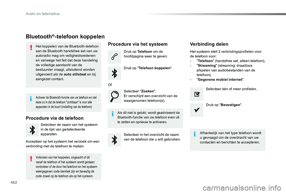 TOYOTA PROACE VERSO 2019  Instructieboekje (in Dutch) 452
ProaceVerso_nl_Chap10c_RCC-1_ed01-2019
Bluetooth®-telefoon koppelen
Het koppelen van de Bluetooth-telefoon aan de Bluetooth handsfree set van uw autoradio mag om veiligheidsredenen en vanwege het