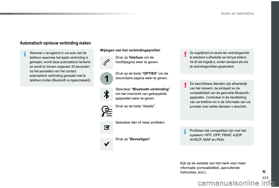 TOYOTA PROACE VERSO 2019  Instructieboekje (in Dutch) 453
1
ProaceVerso_nl_Chap10c_RCC-1_ed01-2019
Druk op Telefoon om de hoofdpagina weer te geven.
Selecteer "Bluetooth-verbinding" om het overzicht van gekoppelde apparaten weer te geven.
Wanneer