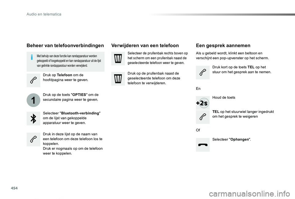 TOYOTA PROACE VERSO 2019  Instructieboekje (in Dutch) 454
1
ProaceVerso_nl_Chap10c_RCC-1_ed01-2019
Een gesprek aannemen
Als u gebeld wordt, klinkt een beltoon en verschijnt een pop-upvenster op het scherm.
Druk kort op de toets TEL op het stuur om het ge