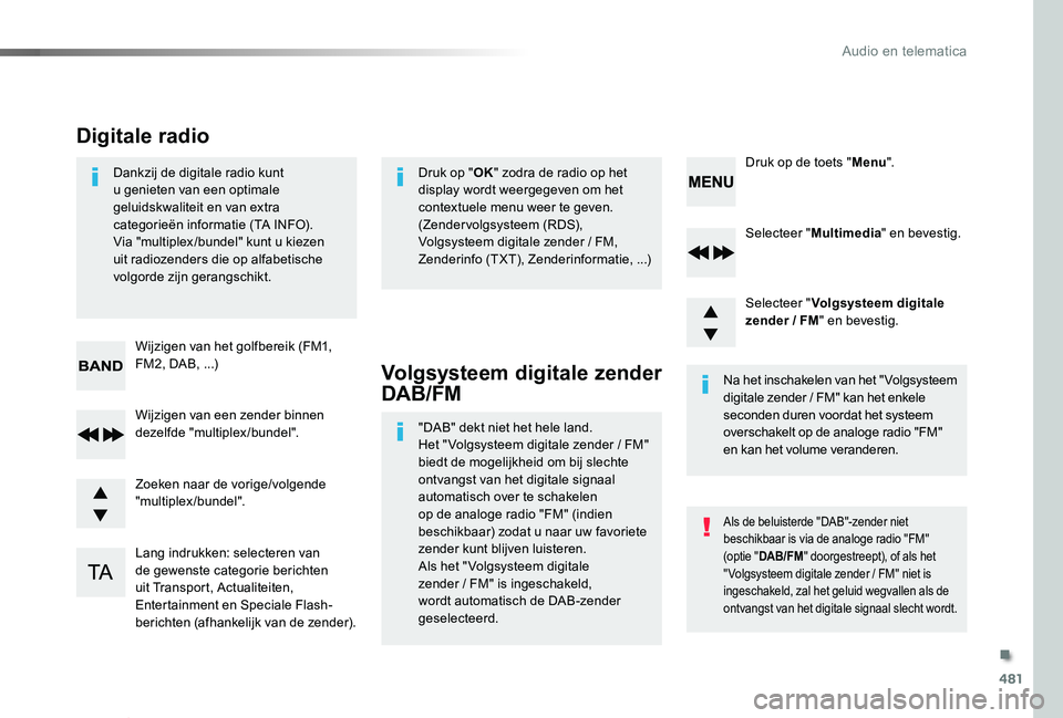 TOYOTA PROACE VERSO 2019 Instructieboekje (in Dutch) 481
ProaceVerso_nl_Chap10d_RD6_ed01-2019
Selecteer "Multimedia" en bevestig.
Selecteer "Volgsysteem digitale zender / FM" en bevestig.
Lang indrukken: selecteren van de gewenste catego TOYOTA PROACE VERSO 2019 Instructieboekje (in Dutch) 481
ProaceVerso_nl_Chap10d_RD6_ed01-2019
Selecteer "Multimedia" en bevestig.
Selecteer "Volgsysteem digitale zender / FM" en bevestig.
Lang indrukken: selecteren van de gewenste catego