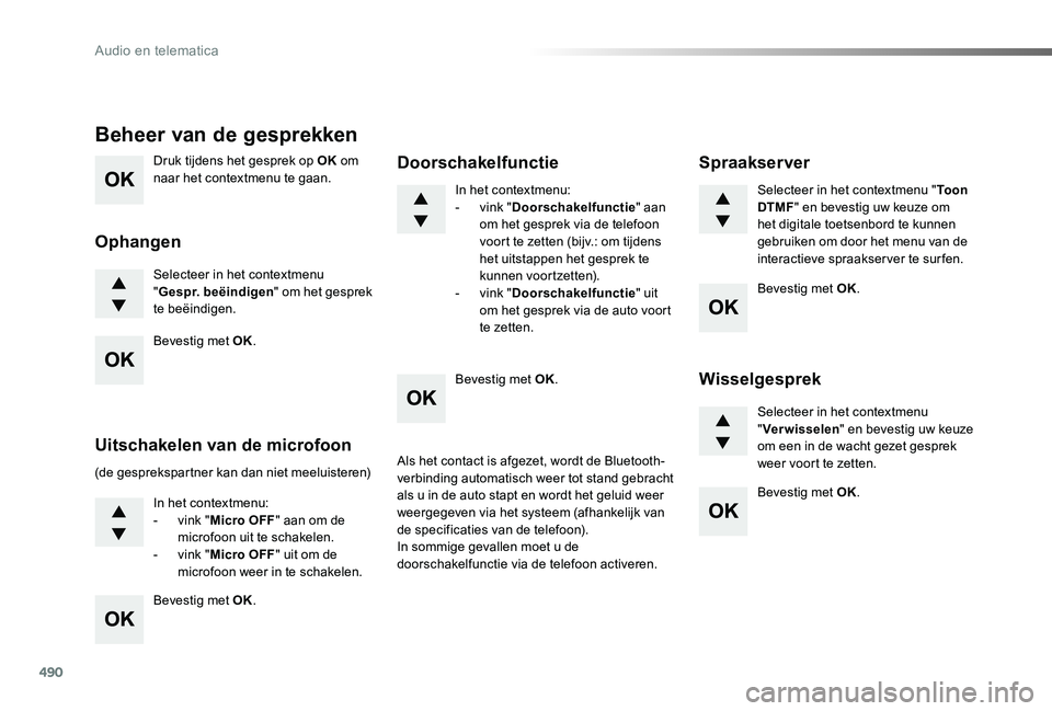 TOYOTA PROACE VERSO 2019 Instructieboekje (in Dutch) 490
ProaceVerso_nl_Chap10d_RD6_ed01-2019
Druk tijdens het gesprek op OK om naar het contextmenu te gaan.
Selecteer in het contextmenu "Gespr. beëindigen" om het gesprek te beëindigen.
Beheer TOYOTA PROACE VERSO 2019 Instructieboekje (in Dutch) 490
ProaceVerso_nl_Chap10d_RD6_ed01-2019
Druk tijdens het gesprek op OK om naar het contextmenu te gaan.
Selecteer in het contextmenu "Gespr. beëindigen" om het gesprek te beëindigen.
Beheer
