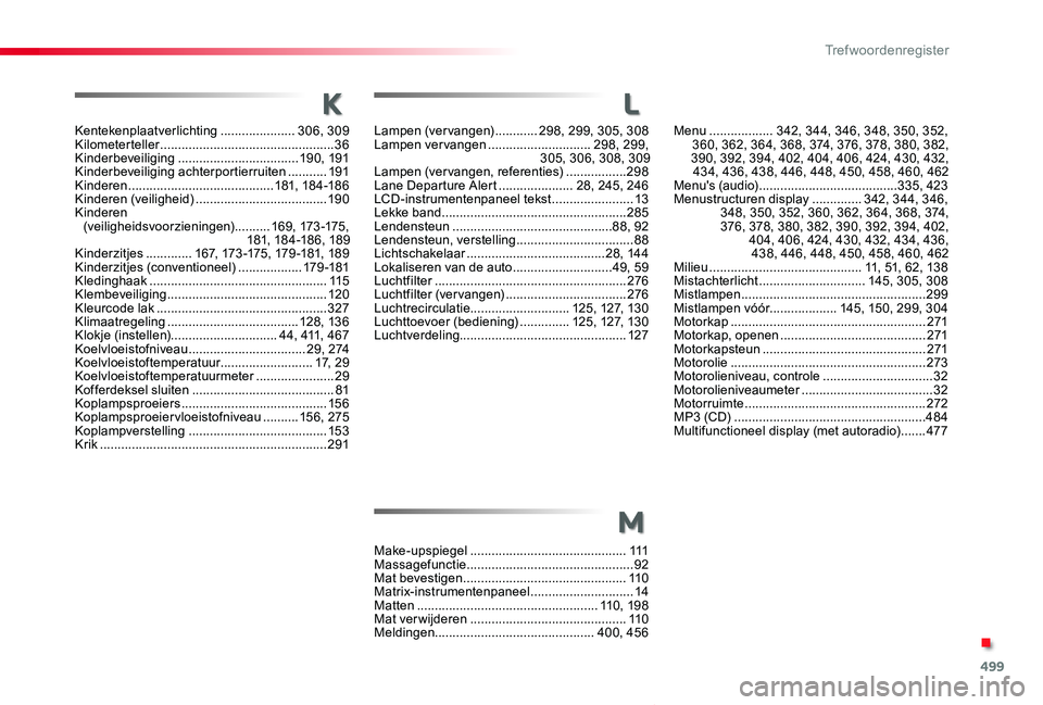 TOYOTA PROACE VERSO 2019 Instructieboekje (in Dutch) 499
ProaceVerso_nl_Chap11_index-alpha_ed01-2019
Kentekenplaatverlichting .....................306, 309Kilometerteller .................................................36Kinderbeveiliging ............. TOYOTA PROACE VERSO 2019 Instructieboekje (in Dutch) 499
ProaceVerso_nl_Chap11_index-alpha_ed01-2019
Kentekenplaatverlichting .....................306, 309Kilometerteller .................................................36Kinderbeveiliging .............
