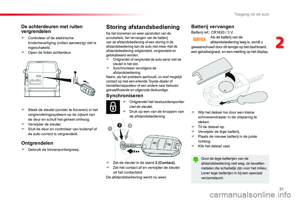 TOYOTA PROACE VERSO 2019 Instructieboekje (in Dutch) 51
ProaceVerso_nl_Chap02_ouvertures_ed01-2019
Batterij vervangen
Gooi de lege batterijen van de afstandsbediening niet weg: ze bevatten metalen die schadelijk zijn voor het milieu.Lever lege batterije TOYOTA PROACE VERSO 2019 Instructieboekje (in Dutch) 51
ProaceVerso_nl_Chap02_ouvertures_ed01-2019
Batterij vervangen
Gooi de lege batterijen van de afstandsbediening niet weg: ze bevatten metalen die schadelijk zijn voor het milieu.Lever lege batterije
