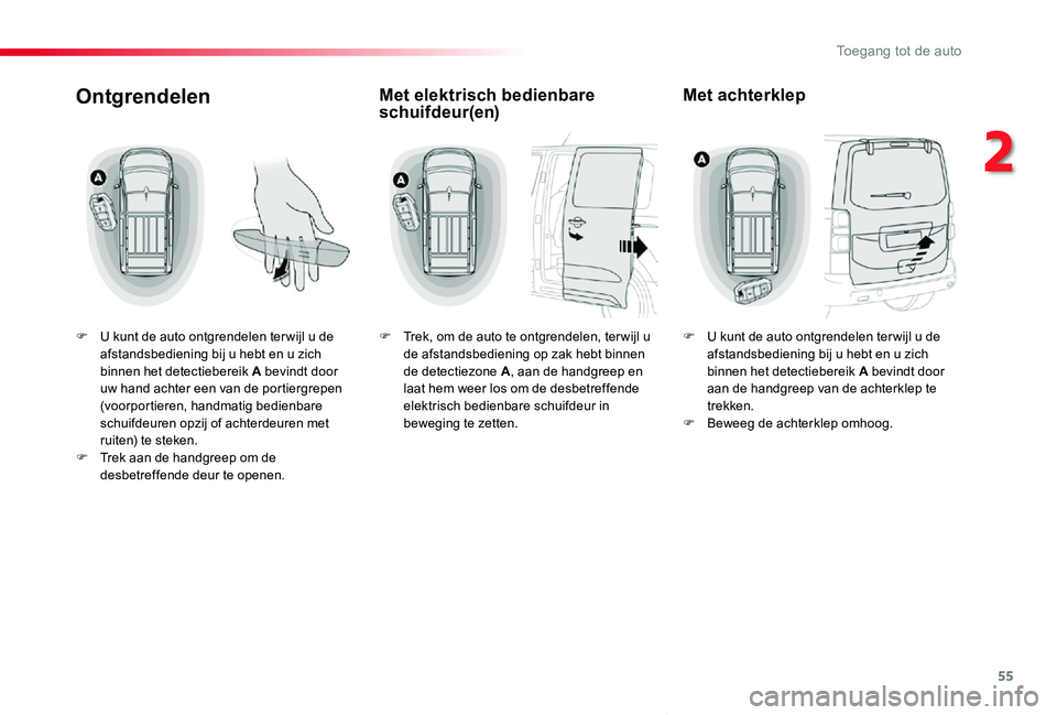 TOYOTA PROACE VERSO 2019 Instructieboekje (in Dutch) 55
ProaceVerso_nl_Chap02_ouvertures_ed01-2019
Ontgrendelen
F U kunt de auto ontgrendelen ter wijl u de afstandsbediening bij u hebt en u zich binnen het detectiebereik A bevindt door uw hand achter ee TOYOTA PROACE VERSO 2019 Instructieboekje (in Dutch) 55
ProaceVerso_nl_Chap02_ouvertures_ed01-2019
Ontgrendelen
F U kunt de auto ontgrendelen ter wijl u de afstandsbediening bij u hebt en u zich binnen het detectiebereik A bevindt door uw hand achter ee