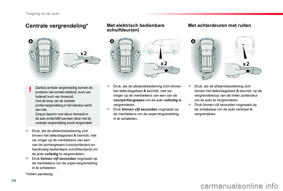 TOYOTA PROACE VERSO 2019 Instructieboekje (in Dutch) 58
ProaceVerso_nl_Chap02_ouvertures_ed01-2019
Centrale vergrendeling*
Dankzij centrale vergrendeling kunnen de portieren niet worden bediend, noch van buitenaf noch van binnenuit.Ook de knop van de ce TOYOTA PROACE VERSO 2019 Instructieboekje (in Dutch) 58
ProaceVerso_nl_Chap02_ouvertures_ed01-2019
Centrale vergrendeling*
Dankzij centrale vergrendeling kunnen de portieren niet worden bediend, noch van buitenaf noch van binnenuit.Ook de knop van de ce