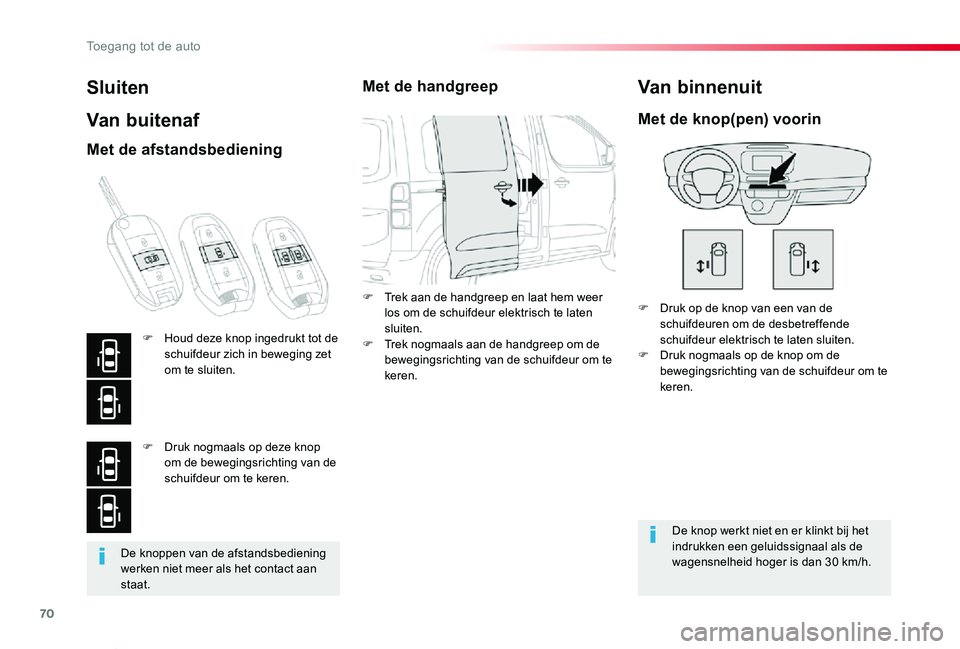TOYOTA PROACE VERSO 2019 Instructieboekje (in Dutch) 70
ProaceVerso_nl_Chap02_ouvertures_ed01-2019
De knoppen van de afstandsbediening werken niet meer als het contact aan staat.
Sluiten
Van buitenaf
F Druk op de knop van een van de schuifdeuren om de d TOYOTA PROACE VERSO 2019 Instructieboekje (in Dutch) 70
ProaceVerso_nl_Chap02_ouvertures_ed01-2019
De knoppen van de afstandsbediening werken niet meer als het contact aan staat.
Sluiten
Van buitenaf
F Druk op de knop van een van de schuifdeuren om de d