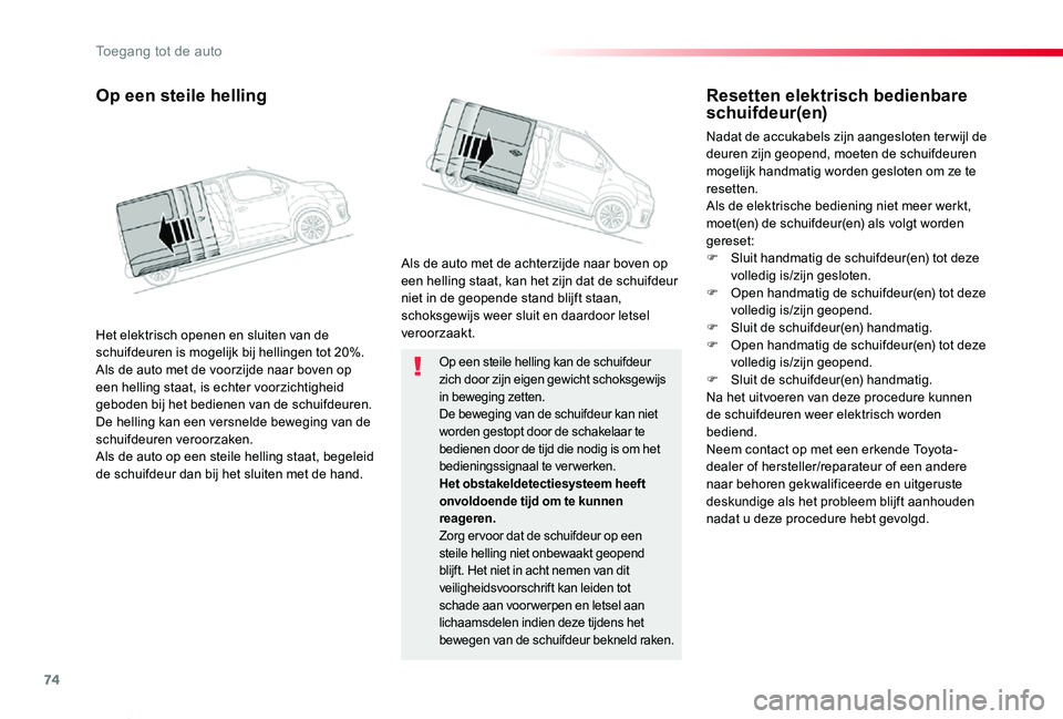 TOYOTA PROACE VERSO 2019 Instructieboekje (in Dutch) 74
ProaceVerso_nl_Chap02_ouvertures_ed01-2019
Op een steile helling kan de schuifdeur zich door zijn eigen gewicht schoksgewijs in beweging zetten.De beweging van de schuifdeur kan niet worden gestopt TOYOTA PROACE VERSO 2019 Instructieboekje (in Dutch) 74
ProaceVerso_nl_Chap02_ouvertures_ed01-2019
Op een steile helling kan de schuifdeur zich door zijn eigen gewicht schoksgewijs in beweging zetten.De beweging van de schuifdeur kan niet worden gestopt