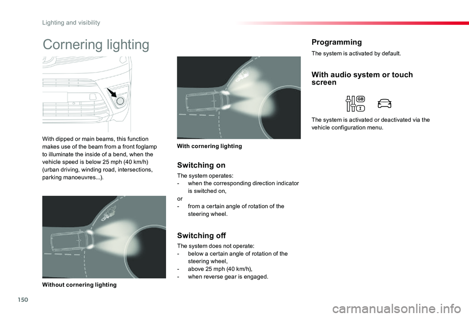 TOYOTA PROACE VERSO 2020 Owners Manual 150
ProgrammingCornering lighting
With dipped or main beams, this function makes use of the beam from a front foglamp to illuminate the inside of a bend, when the vehicle speed is below 25 mph (40 km/ TOYOTA PROACE VERSO 2020 Owners Manual 150
ProgrammingCornering lighting
With dipped or main beams, this function makes use of the beam from a front foglamp to illuminate the inside of a bend, when the vehicle speed is below 25 mph (40 km/