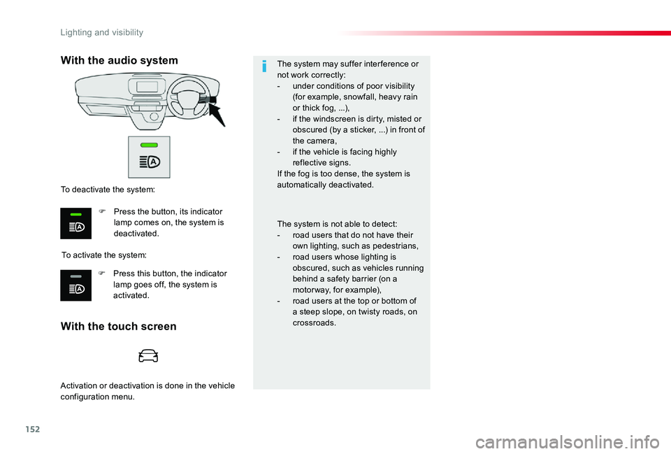 TOYOTA PROACE VERSO 2020 Owners Manual 152
The system may suffer interference or not work correctly:- under conditions of poor visibility (for example, snowfall, heavy rain or thick fog, ...),- if the windscreen is dirty, misted or obscure TOYOTA PROACE VERSO 2020 Owners Manual 152
The system may suffer interference or not work correctly:- under conditions of poor visibility (for example, snowfall, heavy rain or thick fog, ...),- if the windscreen is dirty, misted or obscure