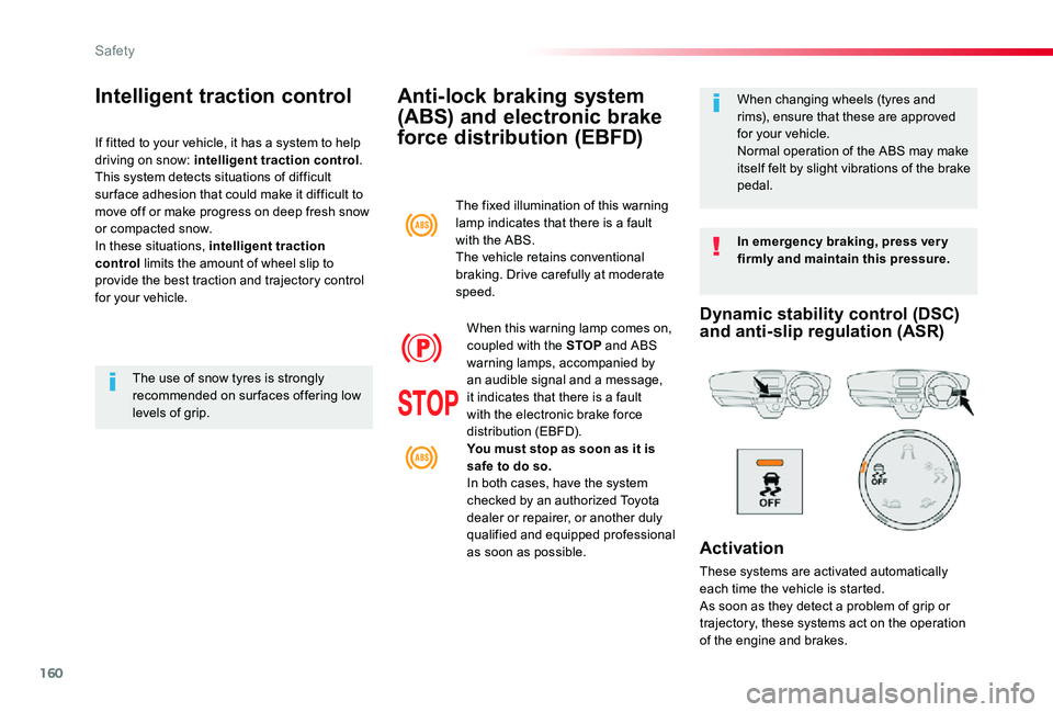 TOYOTA PROACE VERSO 2020 Owners Manual 160
Anti-lock braking system
(ABS) and electronic brake
force distribution (EBFD)
In emergency braking, press ver y firmly and maintain this pressure.
When changing wheels (tyres and rims), ensure t TOYOTA PROACE VERSO 2020 Owners Manual 160
Anti-lock braking system
(ABS) and electronic brake
force distribution (EBFD)
In emergency braking, press ver y firmly and maintain this pressure.
When changing wheels (tyres and rims), ensure t