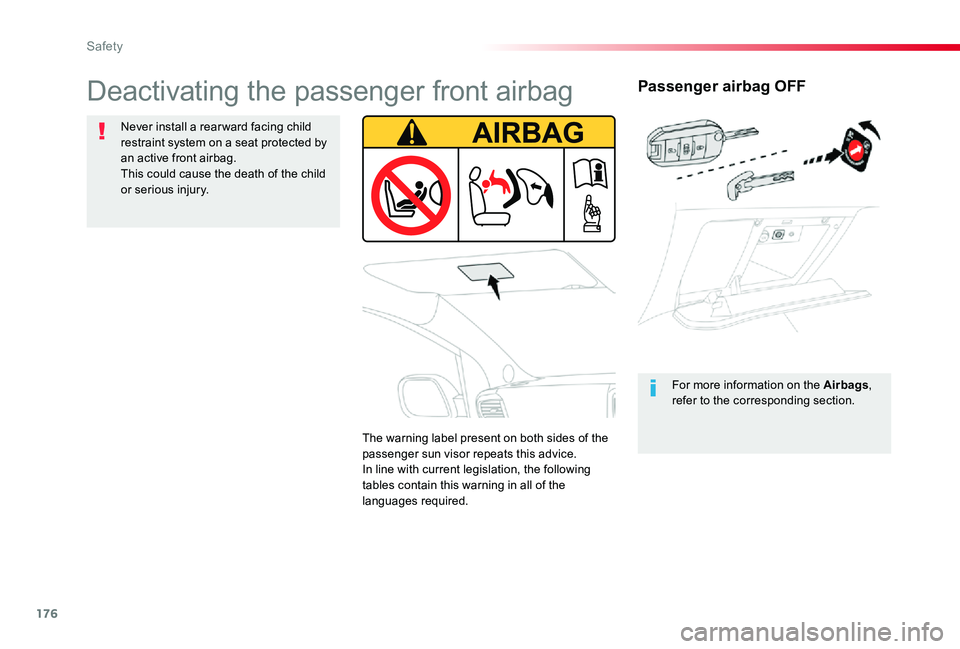 TOYOTA PROACE VERSO 2020 Owners Manual 176
Passenger airbag OFF
For more information on the Airbags, refer to the corresponding section.
Deactivating the passenger front airbag
Never install a rear ward facing child restraint system on a s TOYOTA PROACE VERSO 2020 Owners Manual 176
Passenger airbag OFF
For more information on the Airbags, refer to the corresponding section.
Deactivating the passenger front airbag
Never install a rear ward facing child restraint system on a s