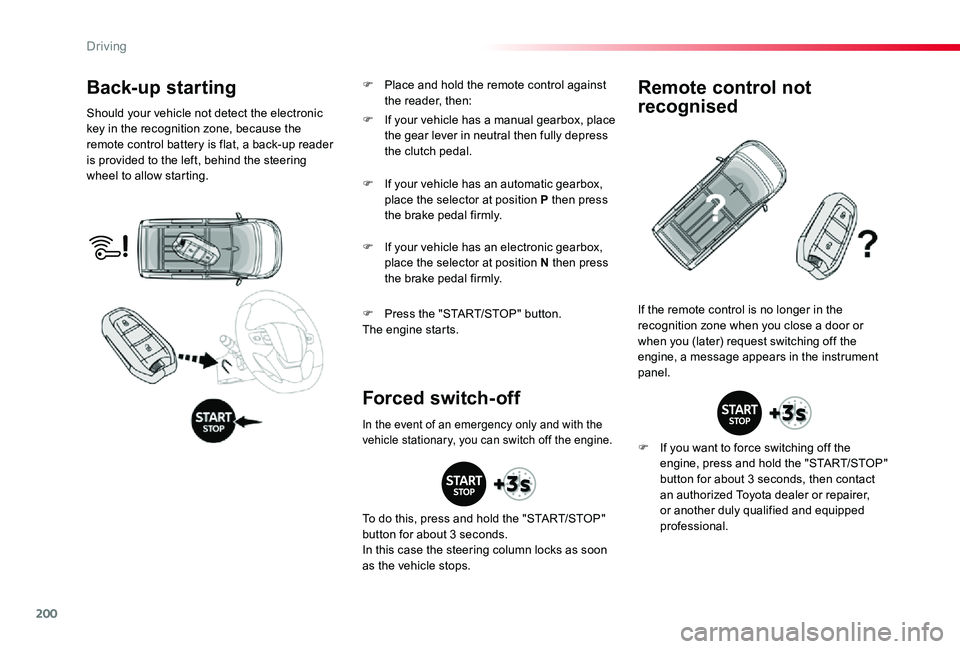 TOYOTA PROACE VERSO 2020 Owners Manual 200
Back-up starting
Should your vehicle not detect the electronic key in the recognition zone, because the remote control battery is flat, a back-up reader is provided to the left, behind the steerin TOYOTA PROACE VERSO 2020 Owners Manual 200
Back-up starting
Should your vehicle not detect the electronic key in the recognition zone, because the remote control battery is flat, a back-up reader is provided to the left, behind the steerin