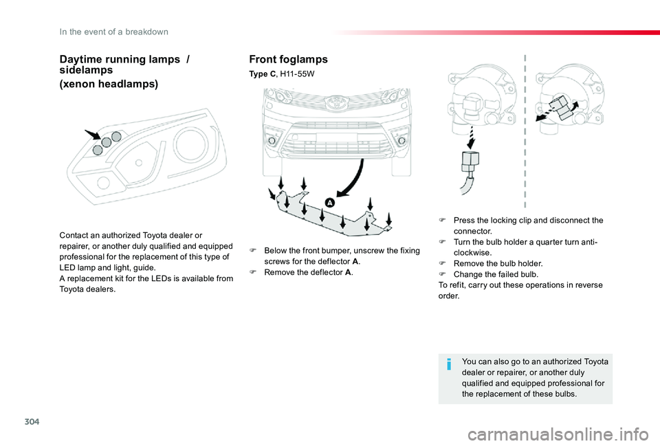 TOYOTA PROACE VERSO 2020 Owners Guide 304
Front foglamps
Ty p e C, H11-55W
F Press the locking clip and disconnect the connector.F Turn the bulb holder a quarter turn anti-clockwise.F Remove the bulb holder.F Change the failed bulb.To re TOYOTA PROACE VERSO 2020 Owners Guide 304
Front foglamps
Ty p e C, H11-55W
F Press the locking clip and disconnect the connector.F Turn the bulb holder a quarter turn anti-clockwise.F Remove the bulb holder.F Change the failed bulb.To re