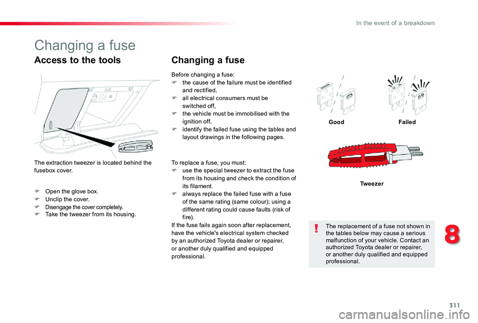TOYOTA PROACE VERSO 2020  Owners Manual 311
F Open the glove box.F Unclip the cover.F Disengage the cover completely.
GoodFailed
Tw e e z e r
Access to the tools
F Take the tweezer from its housing.
The extraction tweezer is located behind 