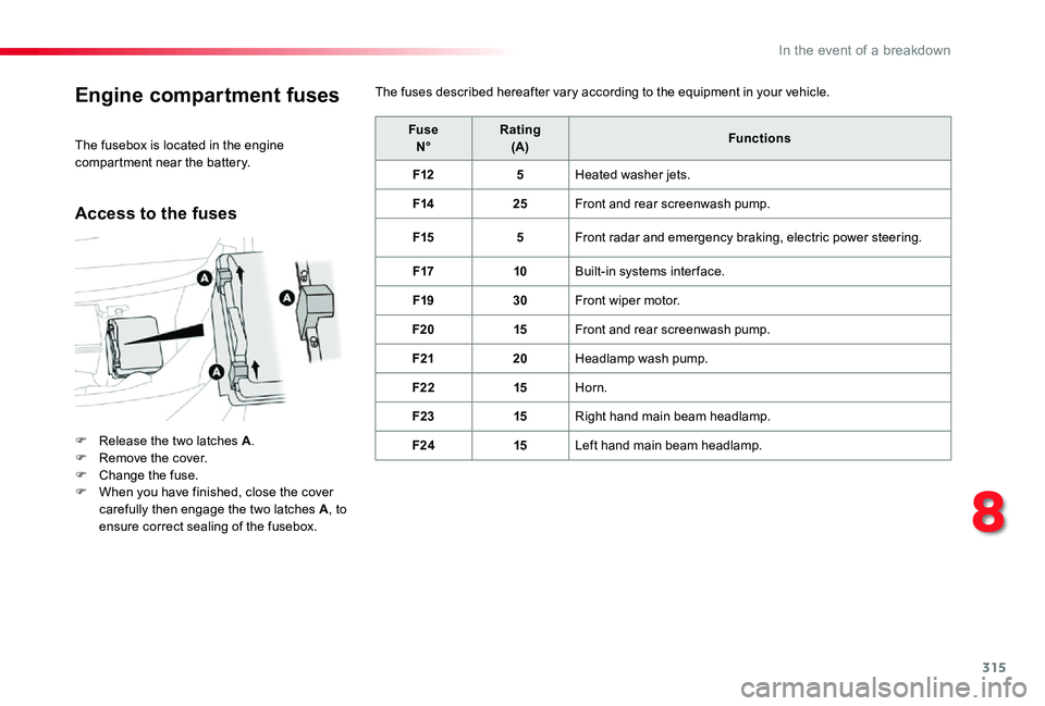 TOYOTA PROACE VERSO 2020 Owners Guide 315
Engine compartment fuses
F Release the two latches A.F Remove the cover.F Change the fuse.F When you have finished, close the cover carefully then engage the two latches A, to ensure correct seali TOYOTA PROACE VERSO 2020 Owners Guide 315
Engine compartment fuses
F Release the two latches A.F Remove the cover.F Change the fuse.F When you have finished, close the cover carefully then engage the two latches A, to ensure correct seali