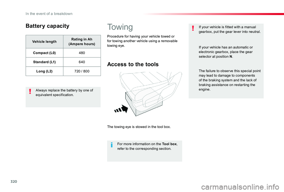 TOYOTA PROACE VERSO 2020  Owners Manual 320
Battery capacity
Vehicle lengthRating in Ah (Ampere hours)
Compact (L0)480
Standard (L1)640
Long (L2)720 / 800
Always replace the battery by one of equivalent specification.
To w i n g
Access to t