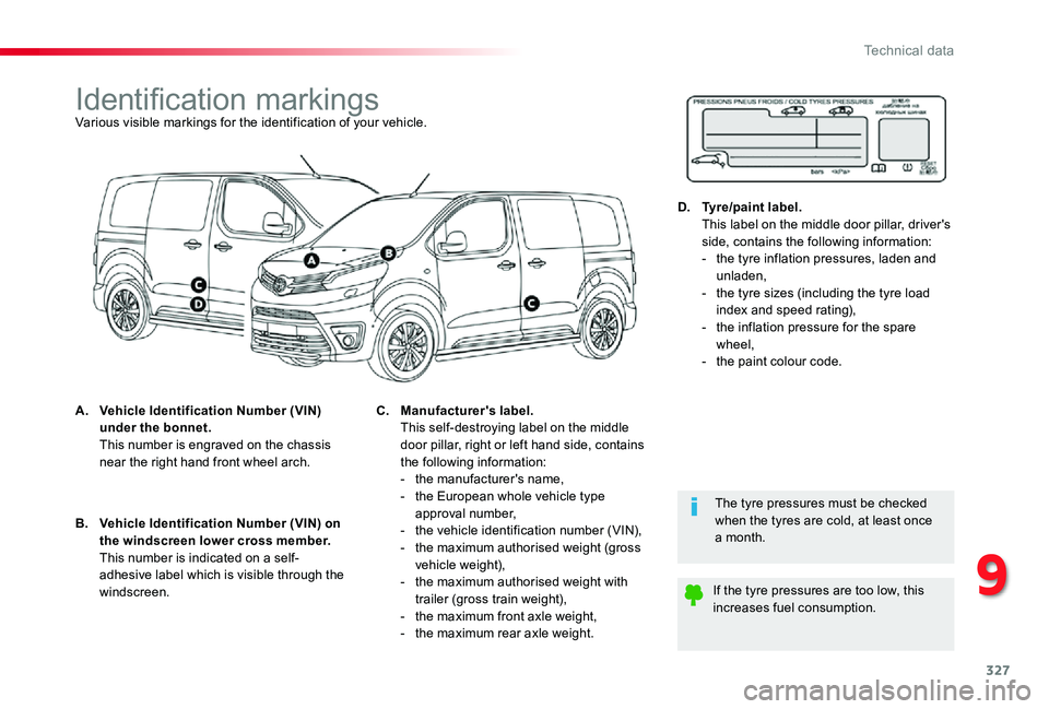 TOYOTA PROACE VERSO 2020 Owners Manual 327
Identification markingsVarious visible markings for the identification of your vehicle.
A. Vehicle Identification Number (VIN) under the bonnet. This number is engraved on the chassis near the ri TOYOTA PROACE VERSO 2020 Owners Manual 327
Identification markingsVarious visible markings for the identification of your vehicle.
A. Vehicle Identification Number (VIN) under the bonnet. This number is engraved on the chassis near the ri