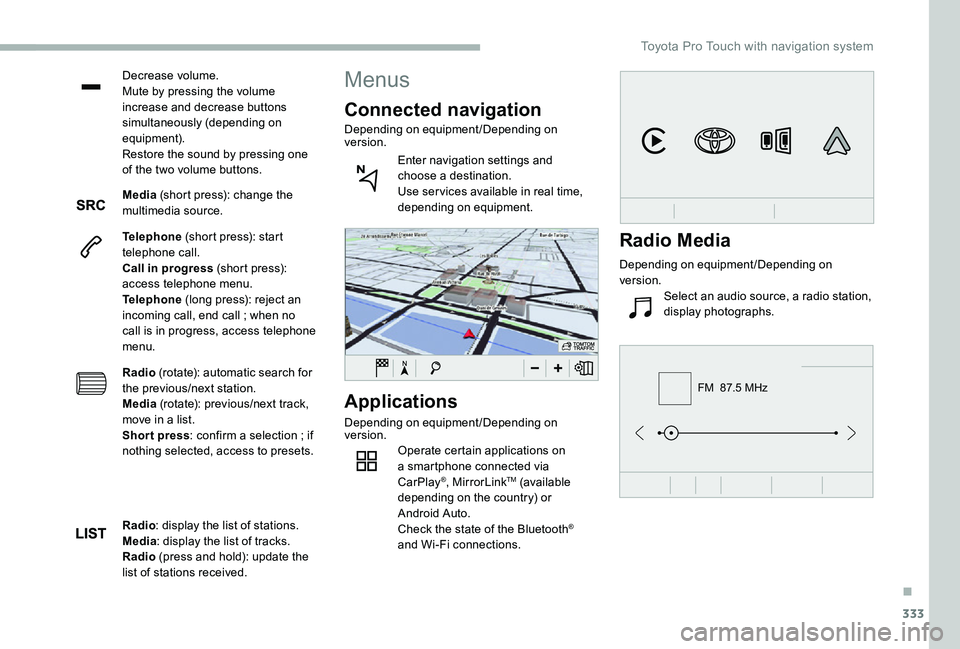 TOYOTA PROACE VERSO 2020 Owners Manual 333
FM 87.5 MHz
Decrease volume.Mute by pressing the volume increase and decrease buttons simultaneously (depending on equipment).Restore the sound by pressing one of the two volume buttons.
Media (s TOYOTA PROACE VERSO 2020 Owners Manual 333
FM 87.5 MHz
Decrease volume.Mute by pressing the volume increase and decrease buttons simultaneously (depending on equipment).Restore the sound by pressing one of the two volume buttons.
Media (s