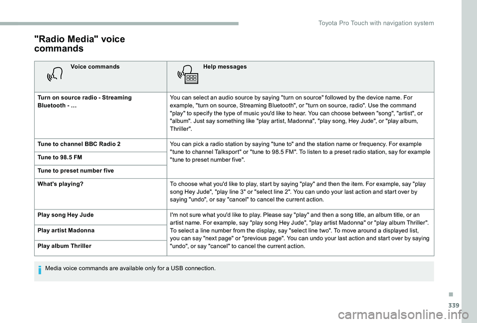 TOYOTA PROACE VERSO 2020 Owners Manual 339
"Radio Media" voice
commands
Voice commandsHelp messages
Turn on source radio - Streaming Bluetooth - …You can select an audio source by saying "turn on source" followed by the TOYOTA PROACE VERSO 2020 Owners Manual 339
"Radio Media" voice
commands
Voice commandsHelp messages
Turn on source radio - Streaming Bluetooth - …You can select an audio source by saying "turn on source" followed by the