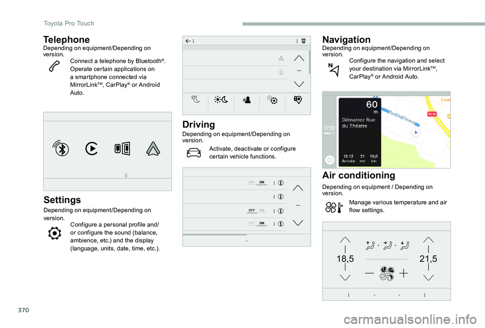 TOYOTA PROACE VERSO 2020 Owners Manual 370
21,518,5
TelephoneDepending on equipment/Depending on version.Connect a telephone by Bluetooth®.Operate certain applications on a smartphone connected via MirrorLinkTM, CarPlay® or Android Auto. TOYOTA PROACE VERSO 2020 Owners Manual 370
21,518,5
TelephoneDepending on equipment/Depending on version.Connect a telephone by Bluetooth®.Operate certain applications on a smartphone connected via MirrorLinkTM, CarPlay® or Android Auto.