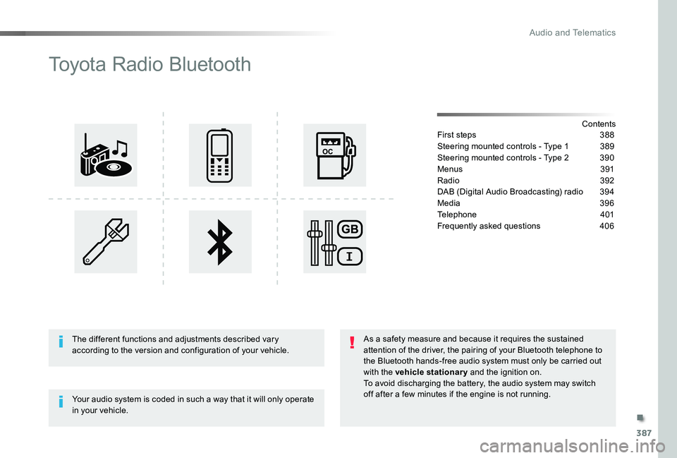 TOYOTA PROACE VERSO 2020  Owners Manual 387
Toyota Radio Bluetooth
ContentsFirst steps 388
Steering mounted controls - Type 1  389
Steering mounted controls - Type 2 390
Menus  391
Radio  392
DAB (Digital Audio Broadcasting) radio 394
Media