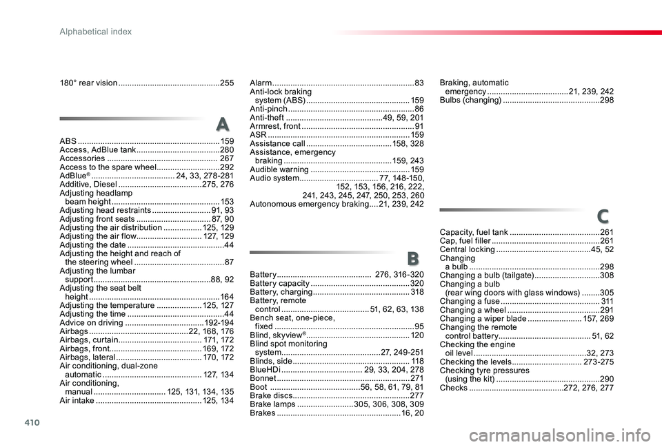 TOYOTA PROACE VERSO 2020 Owners Guide 410
ABS ...............................................................159Access, AdBlue tank .....................................280Accessories ................................................. 267A TOYOTA PROACE VERSO 2020 Owners Guide 410
ABS ...............................................................159Access, AdBlue tank .....................................280Accessories ................................................. 267A
