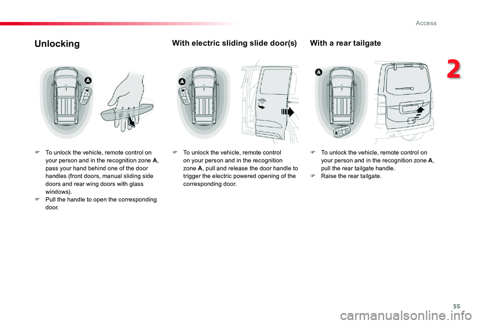 TOYOTA PROACE VERSO 2020 Workshop Manual 55
Unlocking
F To unlock the vehicle, remote control on your person and in the recognition zone A, pass your hand behind one of the door handles (front doors, manual sliding side doors and rear wing d TOYOTA PROACE VERSO 2020 Workshop Manual 55
Unlocking
F To unlock the vehicle, remote control on your person and in the recognition zone A, pass your hand behind one of the door handles (front doors, manual sliding side doors and rear wing d