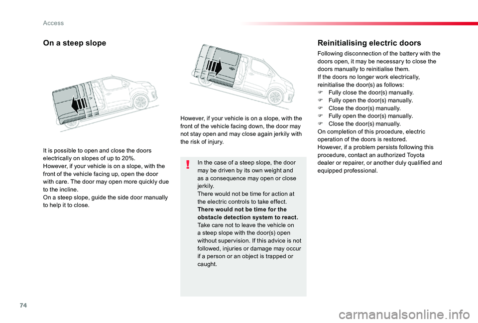 TOYOTA PROACE VERSO 2020 Manual PDF 74
In the case of a steep slope, the door may be driven by its own weight and as a consequence may open or close j e r k i l y.There would not be time for action at the electric controls to take effec TOYOTA PROACE VERSO 2020 Manual PDF 74
In the case of a steep slope, the door may be driven by its own weight and as a consequence may open or close j e r k i l y.There would not be time for action at the electric controls to take effec