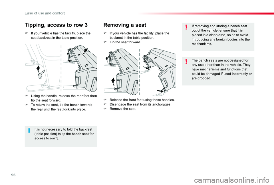 TOYOTA PROACE VERSO 2020  Owners Manual 96
F If your vehicle has the facility, place the seat backrest in the table position.
Tipping, access to row 3Removing a seat
F If your vehicle has the facility, place the backrest in the table positi