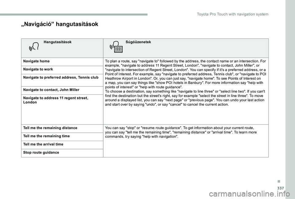 TOYOTA PROACE VERSO 2020  Manuale duso (in Italian) 337
„Navigáció” hangutasítások
HangutasításokSúgóüzenetek
Navigate homeTo plan a route, say "navigate to" followed by the address, the contact name or an intersection. For example