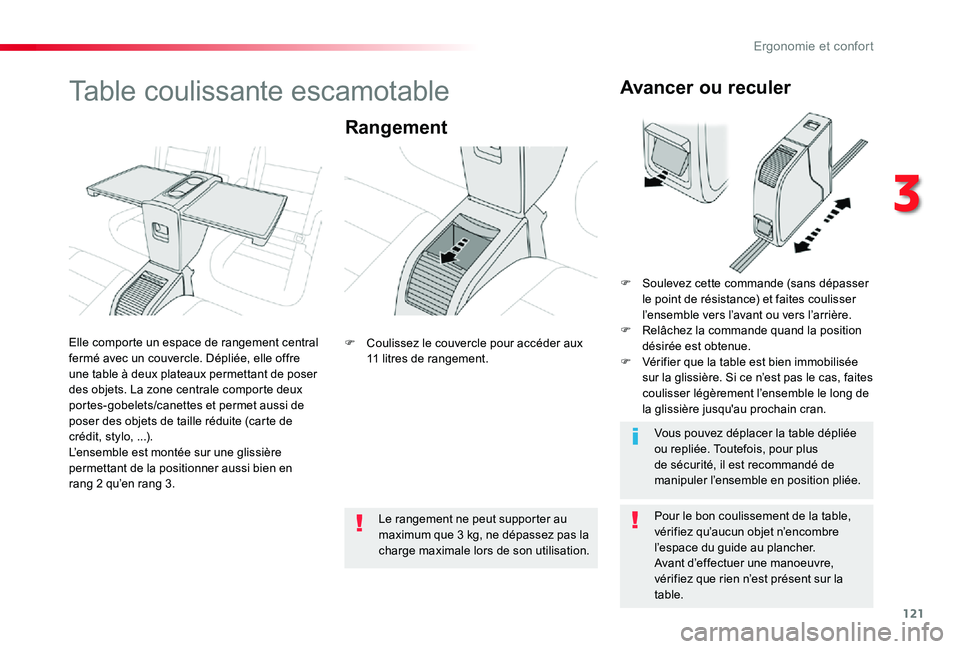 TOYOTA PROACE VERSO 2020  Notices Demploi (in French) 121
Table coulissante escamotable
Rangement
Pour le bon coulissement de la table, vérifiez qu’aucun objet n’encombre l’espace du guide au plancher.Avant d’effectuer une manoeuvre, vérifiez q