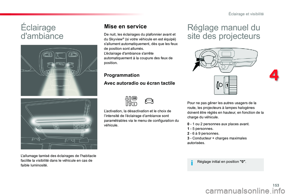 TOYOTA PROACE VERSO 2020  Notices Demploi (in French) 153
Programmation
Éclairage 
d'ambiance
L'allumage tamisé des éclairages de l'habitacle facilite la visibilité dans le véhicule en cas de faible luminosité.
De nuit, les éclairages 