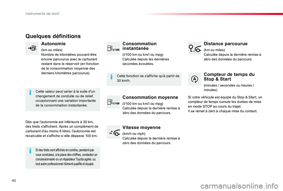 TOYOTA PROACE VERSO 2020 Notices Demploi (in French) 40
Quelques définitions
Autonomie
(km ou miles)Nombre de kilomètres pouvant être encore parcourus avec le carburant restant dans le réser voir (en fonction de la consommation moyenne des derniers TOYOTA PROACE VERSO 2020 Notices Demploi (in French) 40
Quelques définitions
Autonomie
(km ou miles)Nombre de kilomètres pouvant être encore parcourus avec le carburant restant dans le réser voir (en fonction de la consommation moyenne des derniers