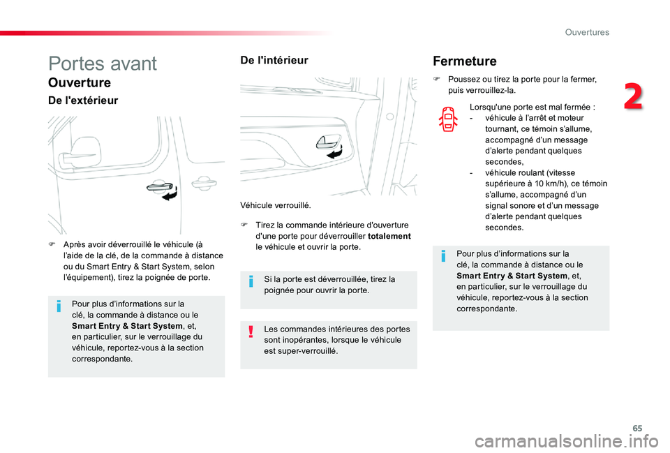 TOYOTA PROACE VERSO 2020  Notices Demploi (in French) 65
Portes avant
Ouverture
De l'extérieur
F Tirez la commande intérieure d'ouverture d'une porte pour déverrouiller totalement le véhicule et ouvrir la porte.F Après avoir déverrouill