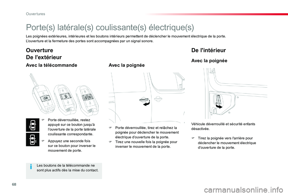 TOYOTA PROACE VERSO 2020  Notices Demploi (in French) 68
Porte(s) latérale(s) coulissante(s) électrique(s)
Les poignées extérieures, intérieures et les boutons intérieurs permettent de déclencher le mouvement électrique de la porte.L’ouverture 