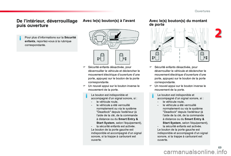 TOYOTA PROACE VERSO 2020  Notices Demploi (in French) 69
F Sécurité enfants désactivée, pour déverrouiller le véhicule et déclencher le mouvement électrique d’ouverture d’une porte, appuyez sur le bouton de la porte correspondante.F Un nouvel
