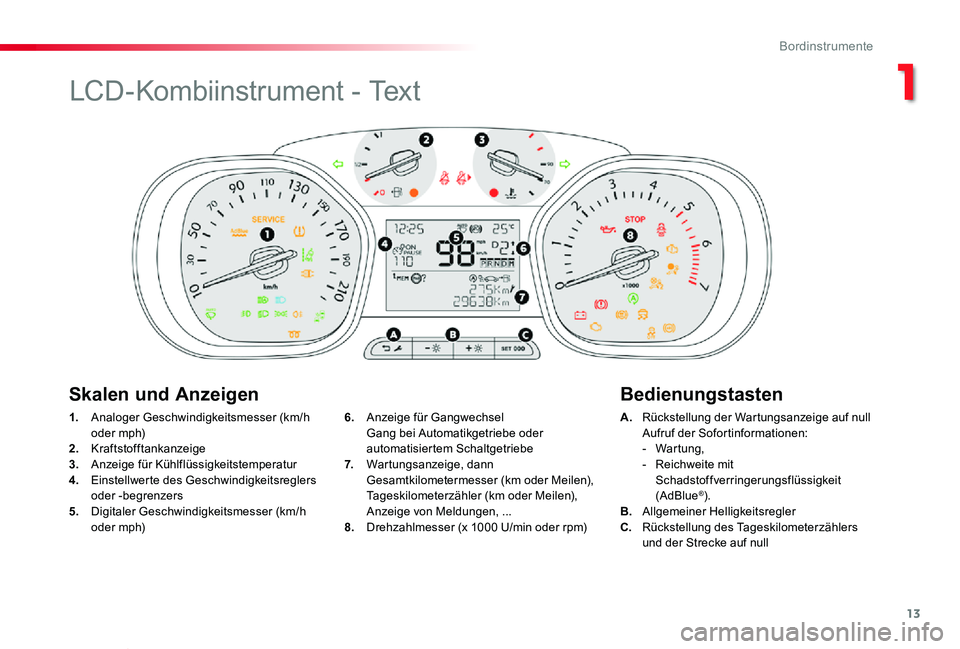 TOYOTA PROACE VERSO 2020 Betriebsanleitungen (in German) 13
Proace_Verso_de_Chap01_instruments-de-bord_ed2019_V02
1. Analoger Geschwindigkeitsmesser (km/h oder mph)2. Kraftstofftankanzeige3. Anzeige für Kühlflüssigkeitstemperatur4. Einstellwerte des Ges TOYOTA PROACE VERSO 2020 Betriebsanleitungen (in German) 13
Proace_Verso_de_Chap01_instruments-de-bord_ed2019_V02
1. Analoger Geschwindigkeitsmesser (km/h oder mph)2. Kraftstofftankanzeige3. Anzeige für Kühlflüssigkeitstemperatur4. Einstellwerte des Ges
